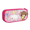 Pink zippered pencil case featuring various cute animal characters like a bear and a puppy