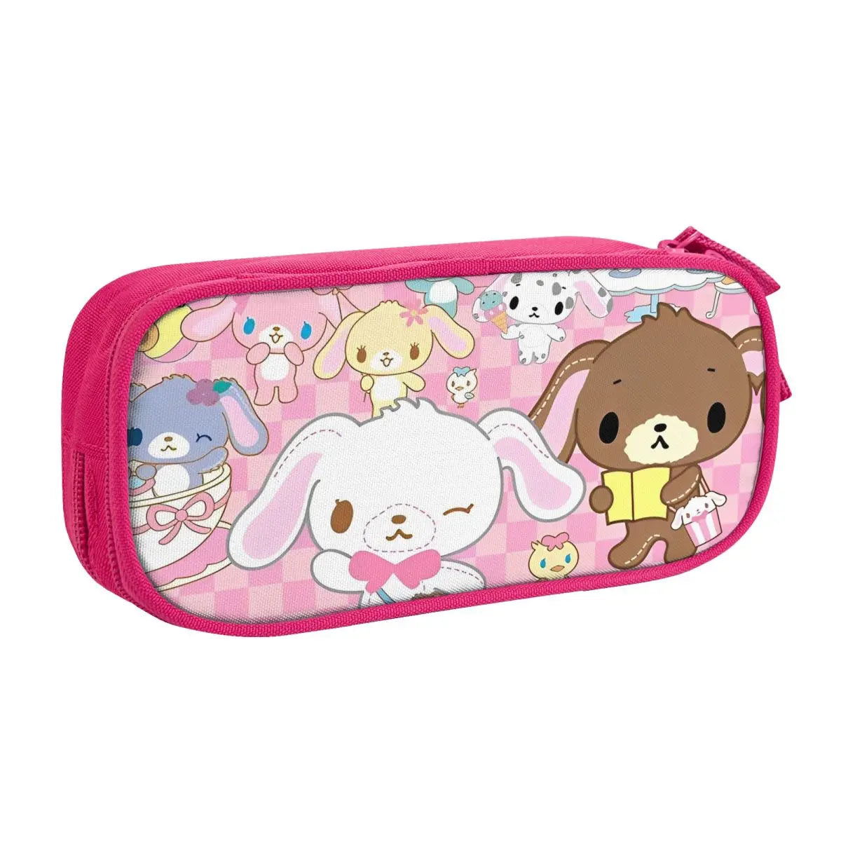 Pink zippered pencil case featuring various cute animal characters like a bear and a puppy