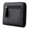 A black compact bi-fold leather wallet with a zippered compartment shown from the front.