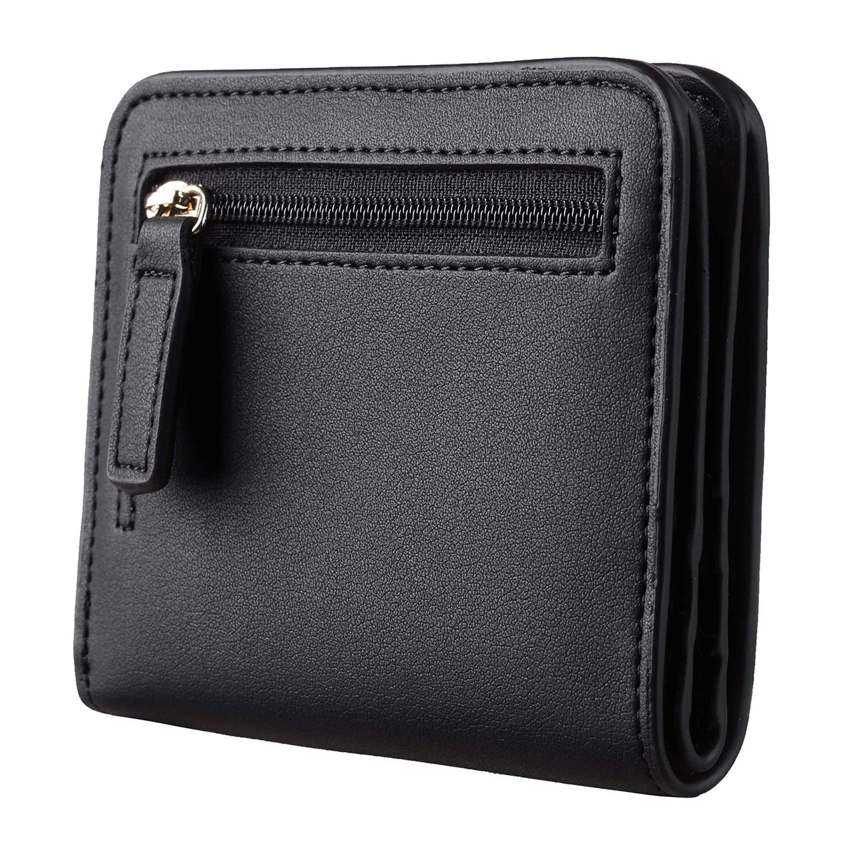 A black compact bi-fold leather wallet with a zippered compartment shown from the front.