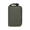 A dark olive green RFID zipper wallet with a black loop for carrying.