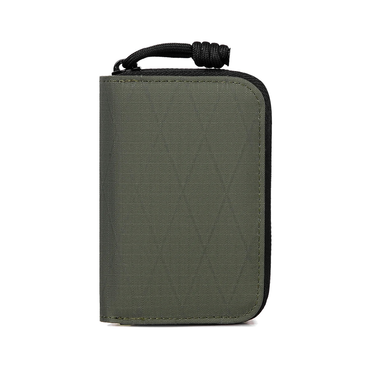 A dark olive green RFID zipper wallet with a black loop for carrying.