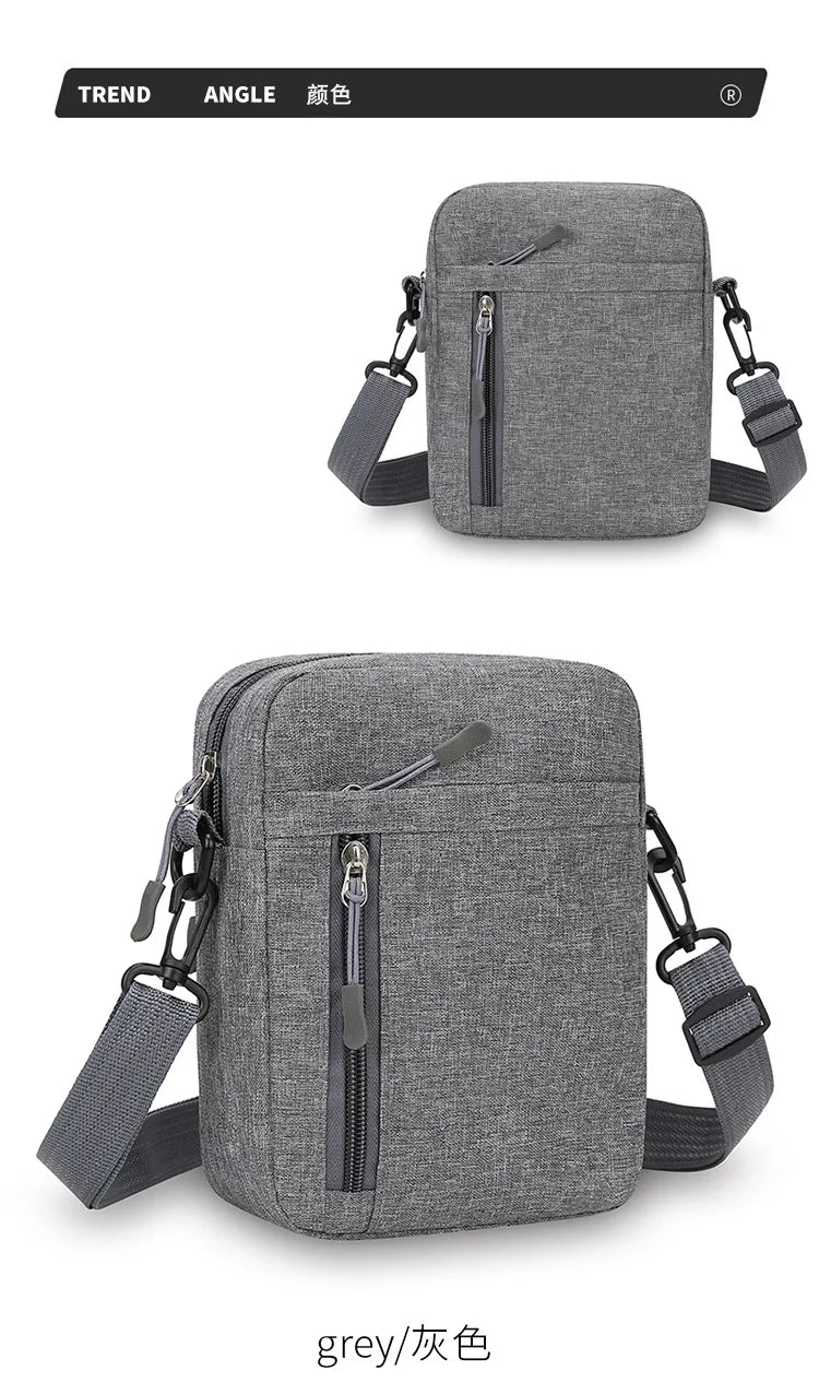 A grey lightweight nylon crossbody shoulder bag shown from the front.