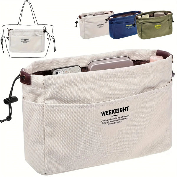 A beige drawstring canvas storage organizer bag shown with various color options and a laptop sleeve.