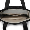 A black quilted women's backpack tote bag with a light beige lining and silver zipper.