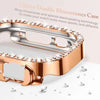A close-up view of a rose gold glitter rhinestone bumper case for an Apple Watch.