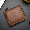 A brown retro PU leather men's wallet is shown lying on a dark surface.