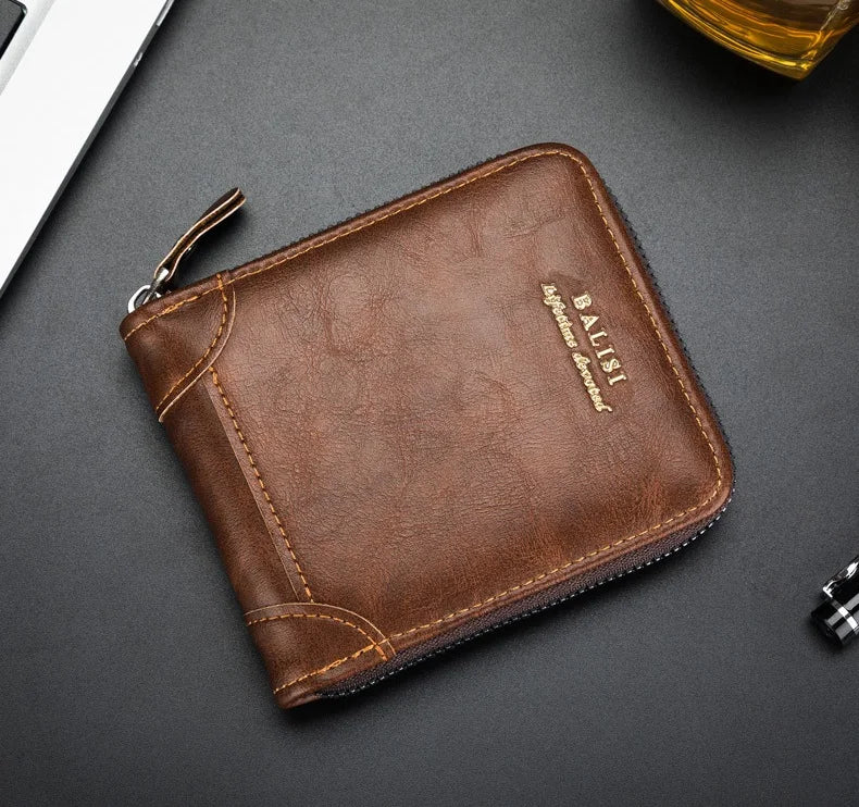 A brown retro PU leather men's wallet is shown lying on a dark surface.