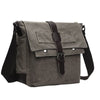 A gray canvas messenger bag for men with black straps and buckles.