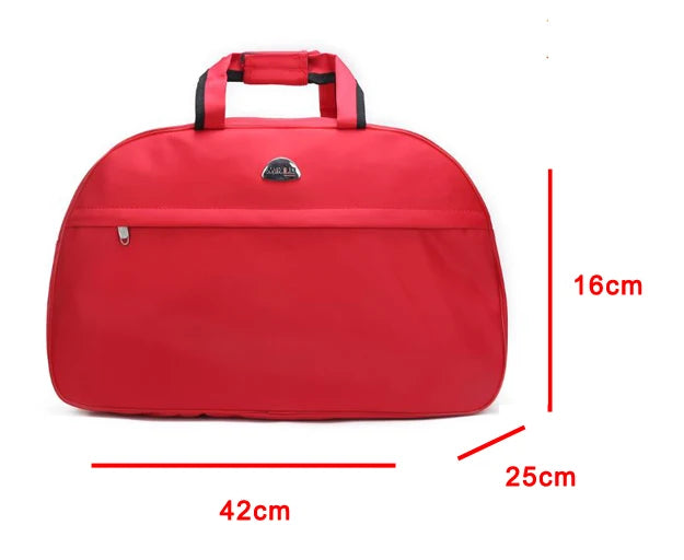 A red PU leather travel duffel bag with black handles shown from the top view.