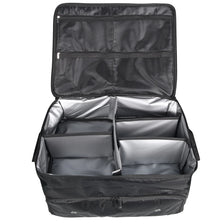 Black waterproof trunk organizer with multiple compartments for shoes and accessories