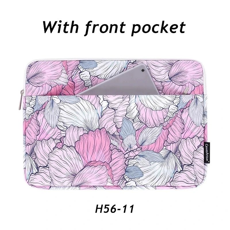 Pink floral patterned laptop sleeve with a front pocket for a MacBook Pro