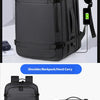 A black multi-functional expandable backpack shown in various carrying configurations including shoulder, backpack, and hand 