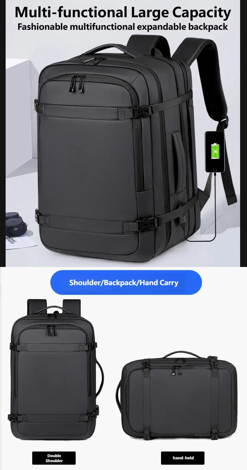 A black multi-functional expandable backpack shown in various carrying configurations including shoulder, backpack, and hand 