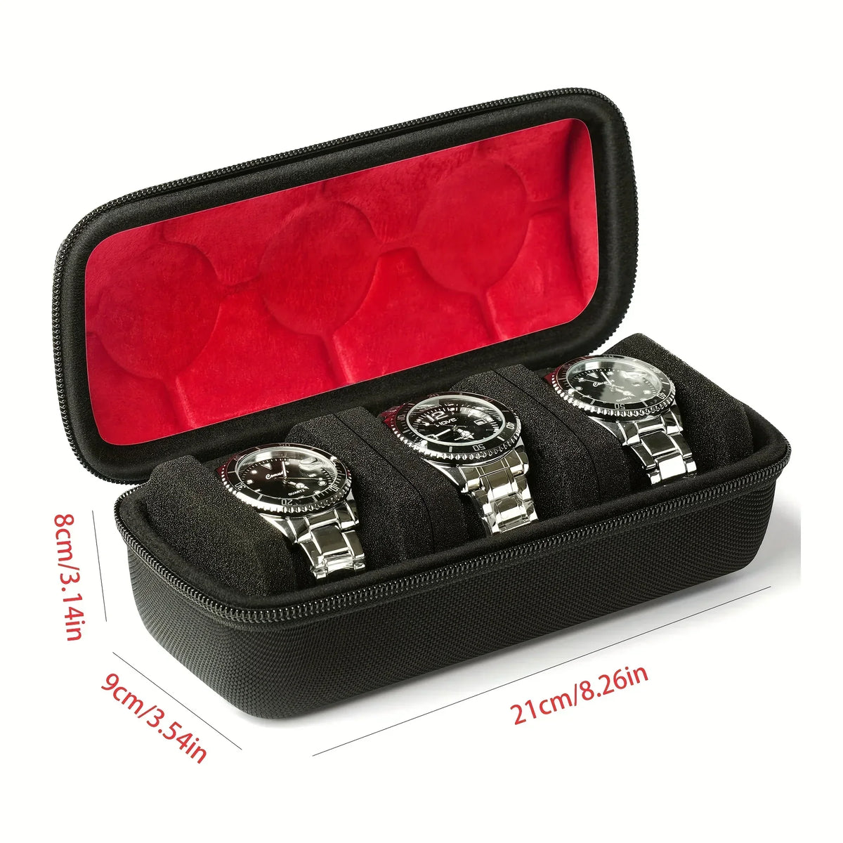Black watch organizer case with a red velvet lining holding multiple watches.