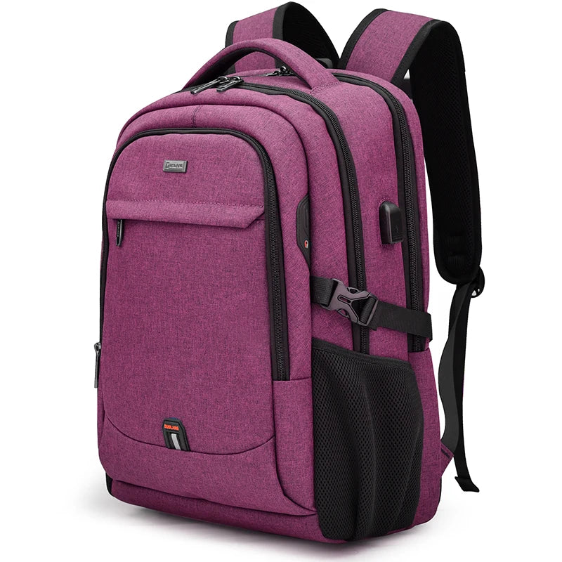 A purple men's premium laptop backpack with black accents and padded straps.