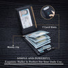 A black slim bifold wallet is shown open, displaying seven card slots and a money clip on a dark textured background.