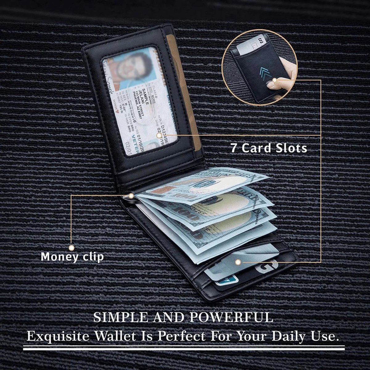 A black slim bifold wallet is shown open, displaying seven card slots and a money clip on a dark textured background.