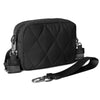 Black quilted nylon wristlet wallet with a black strap shown from the side.