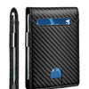 A black wallet with a front pocket designed for RFID protection, showing a blue card inside.