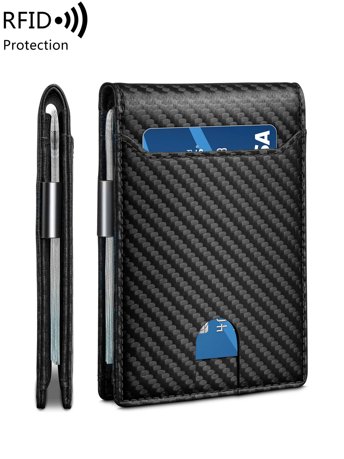 A black wallet with a front pocket designed for RFID protection, showing a blue card inside.