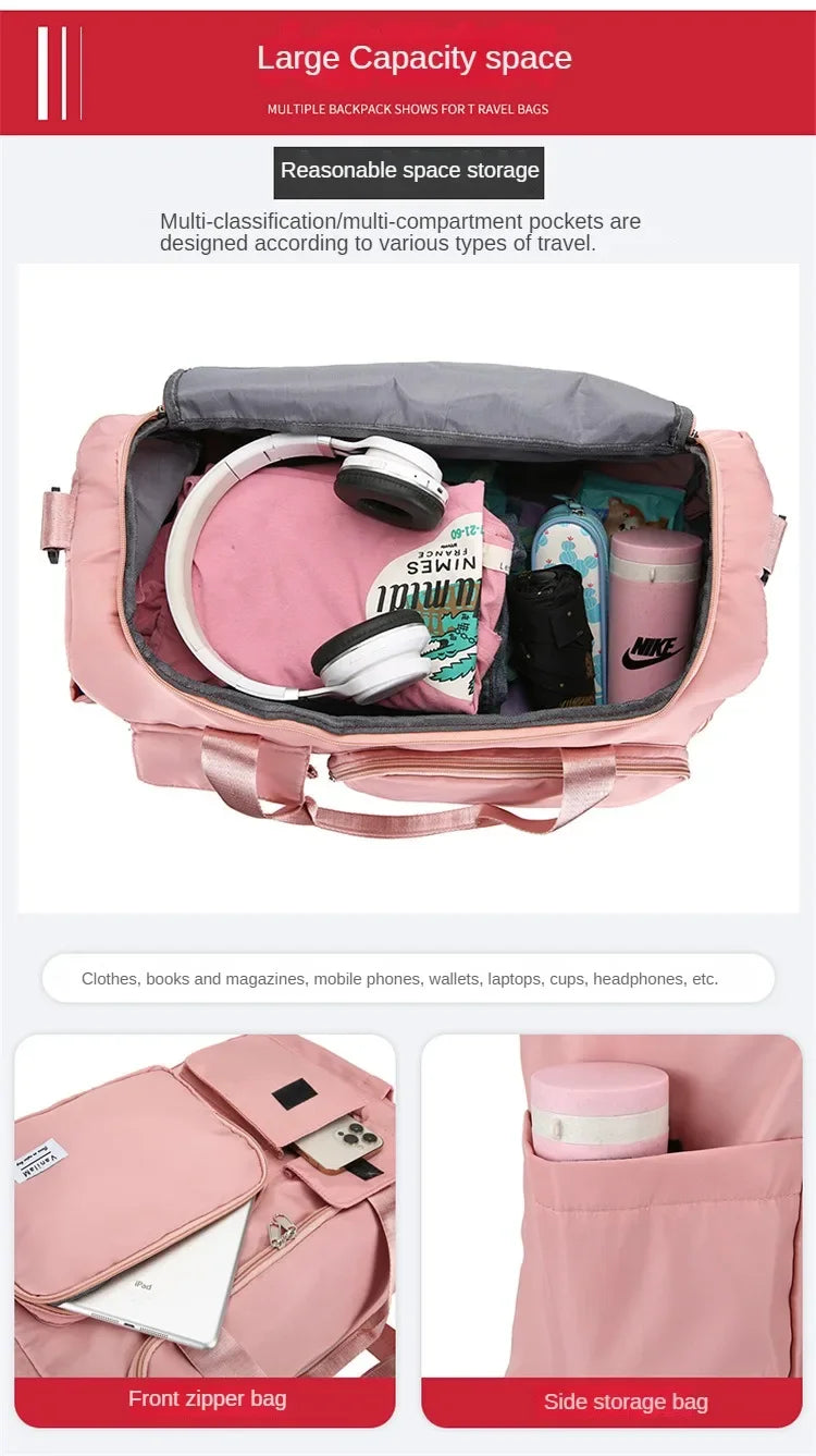 Pink large capacity travel duffle bag showing various compartments for clothing and gear