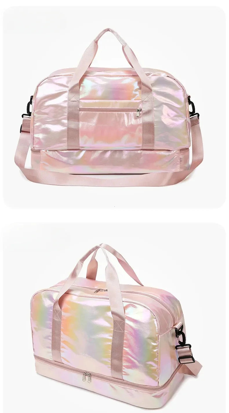 A pink iridescent nylon travel bag designed for fitness and gym use.
