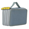 A gray pencil case with a light blue fabric, featuring yellow grips on the top and a gray strap.
