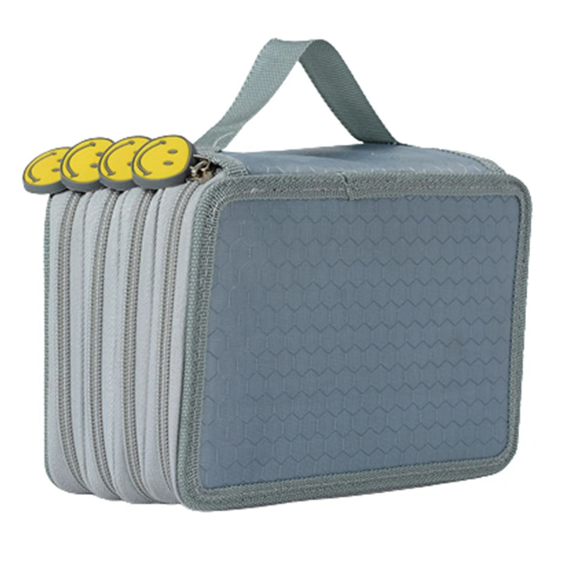 A gray pencil case with a light blue fabric, featuring yellow grips on the top and a gray strap.