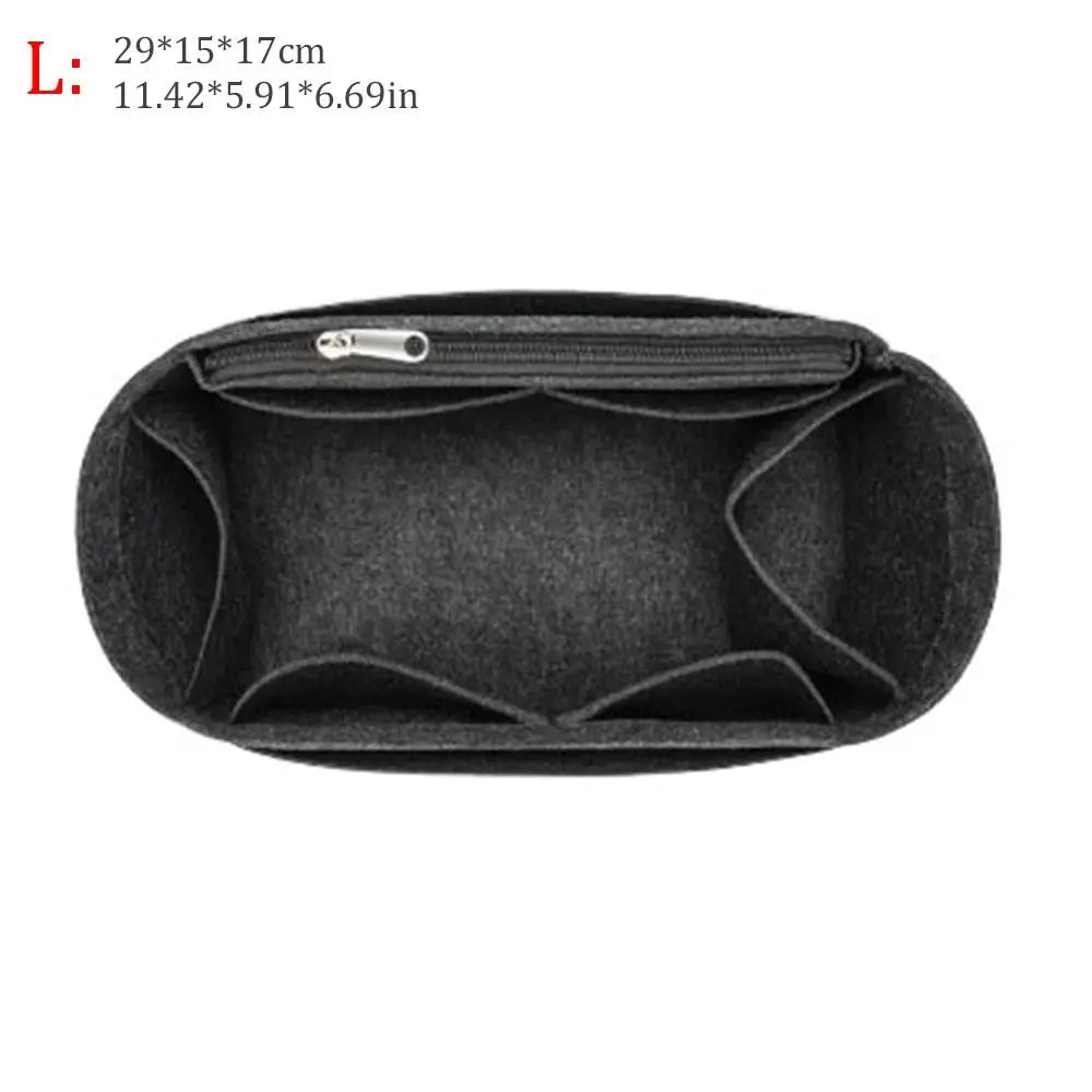 Black dustproof felt insert liner for a handbag with a zippered opening