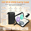A black portable storage organizer case for 80 discs, showing various disc types and features.