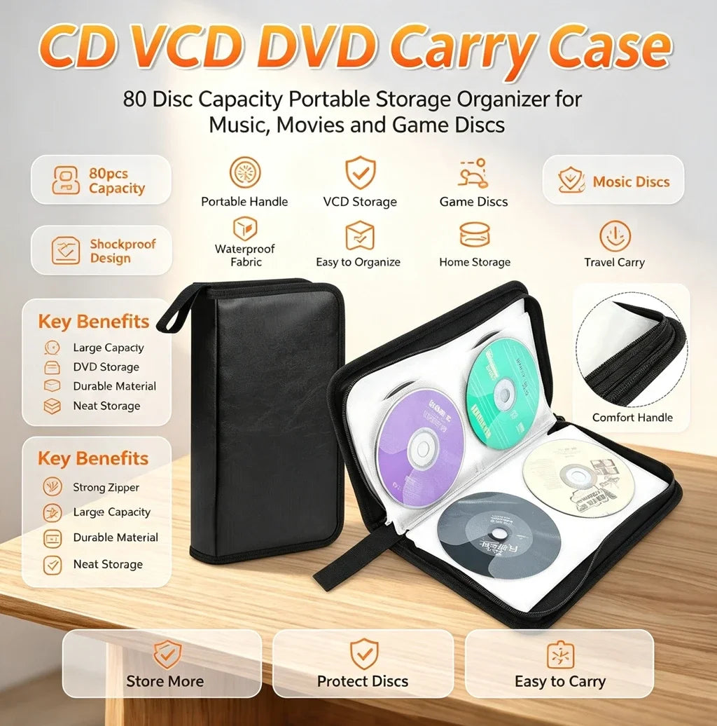 A black portable storage organizer case for 80 discs, showing various disc types and features.