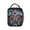 A black vintage print lunch bag featuring a graphic of a man with a beard and intense expression.