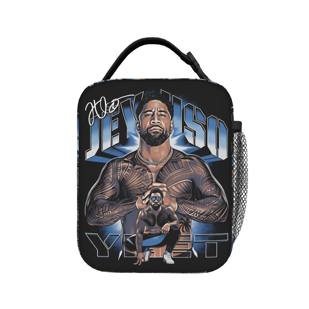 A black vintage print lunch bag featuring a graphic of a man with a beard and intense expression.