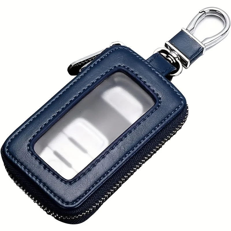 A dark blue retro PU leather car key case with a clear window and a metal hook.