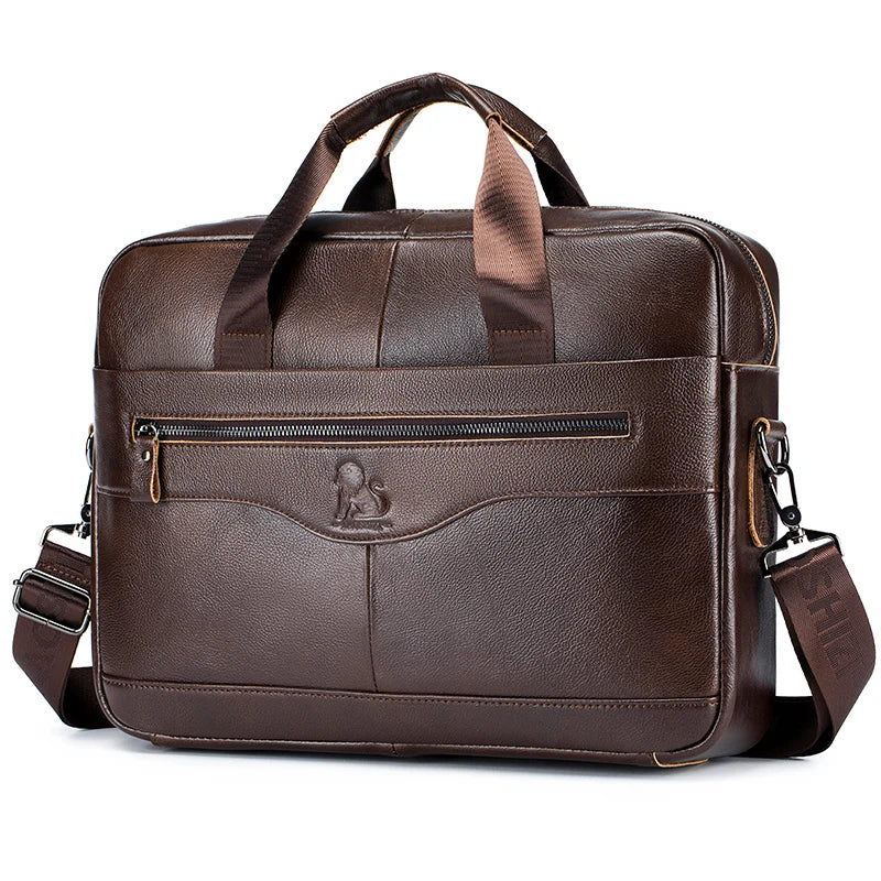 A brown genuine cowhide leather briefcase bag with padded straps and a flap closure.