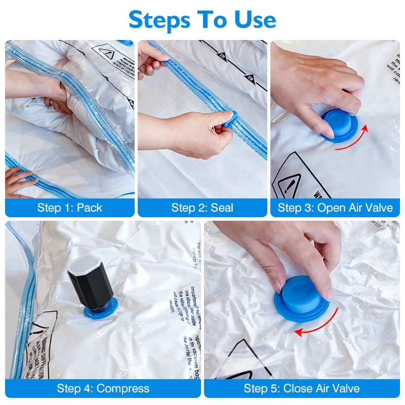 Five steps showing how to use a universal electric vacuum storage pump for sealing and opening air valves.
