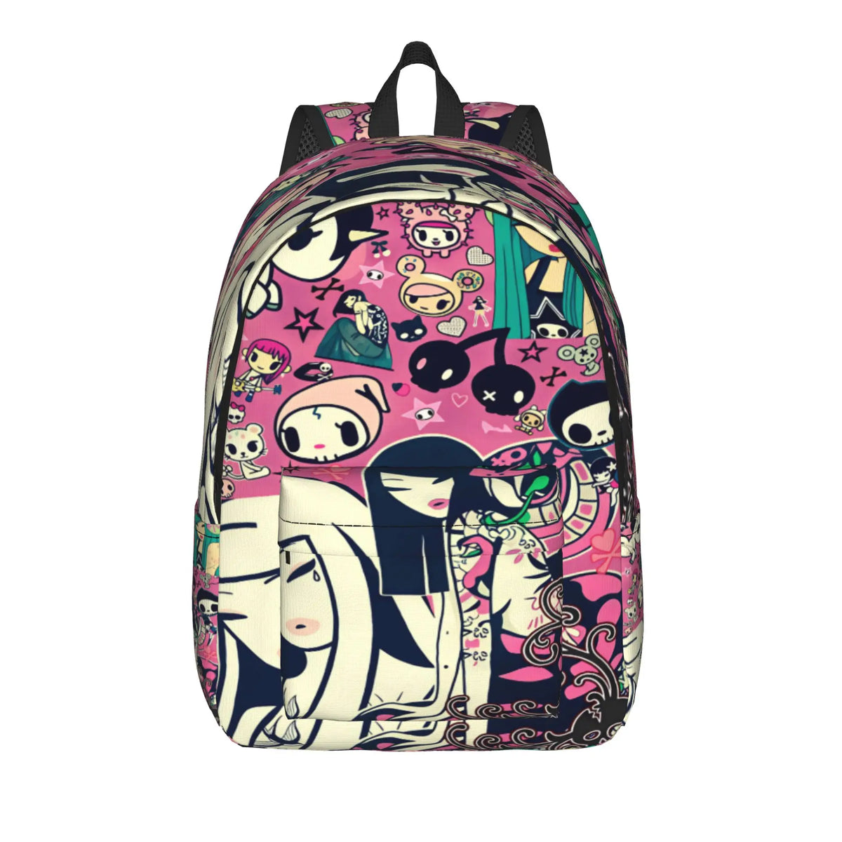 A pink and purple patterned durable polyester sport backpack with black straps.