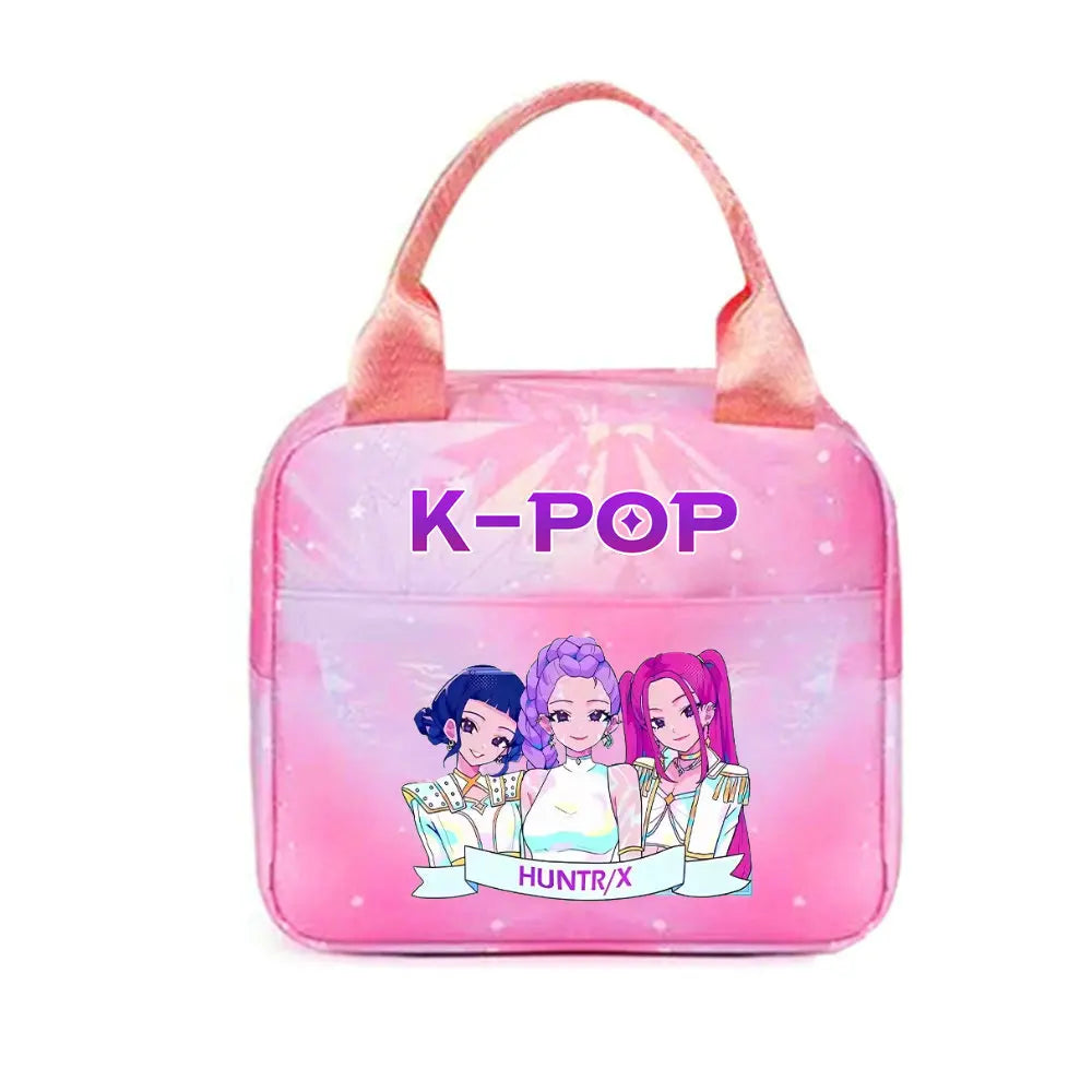 Pink K-Pop themed insulated backpack with pink accents and a zipper closure.