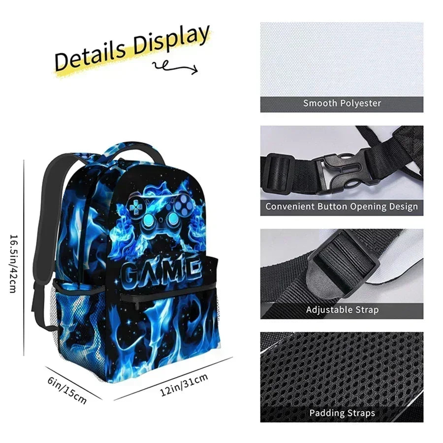 A blue and black cartoon game controller backpack with a smooth polyester fabric and adjustable straps.