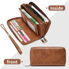 A brown vintage double-zipper wallet shown with the inside and front views.