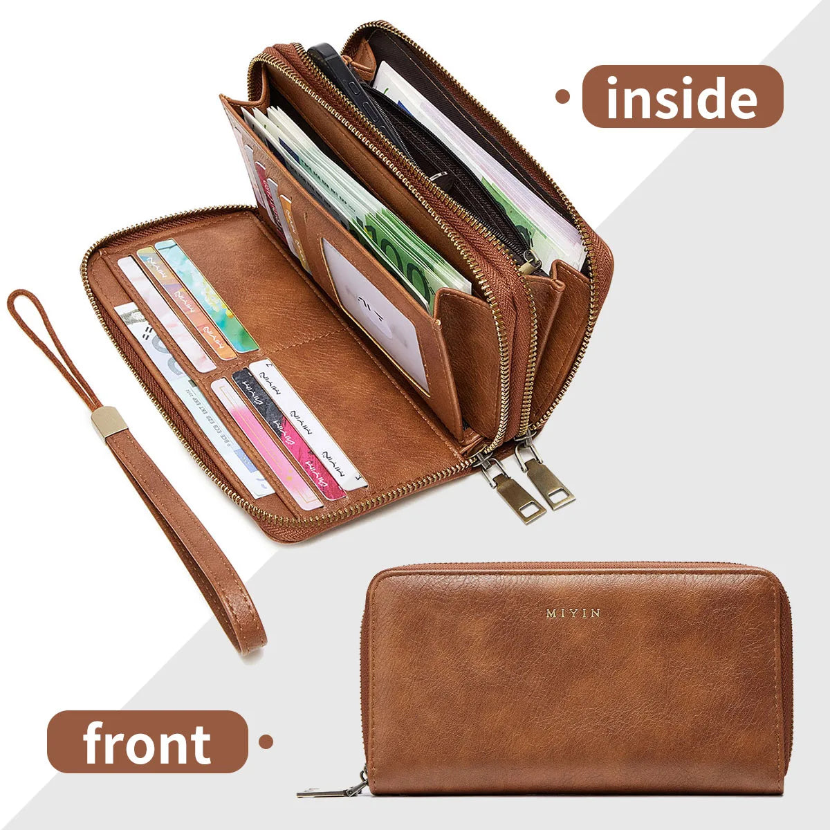 A brown vintage double-zipper wallet shown with the inside and front views.