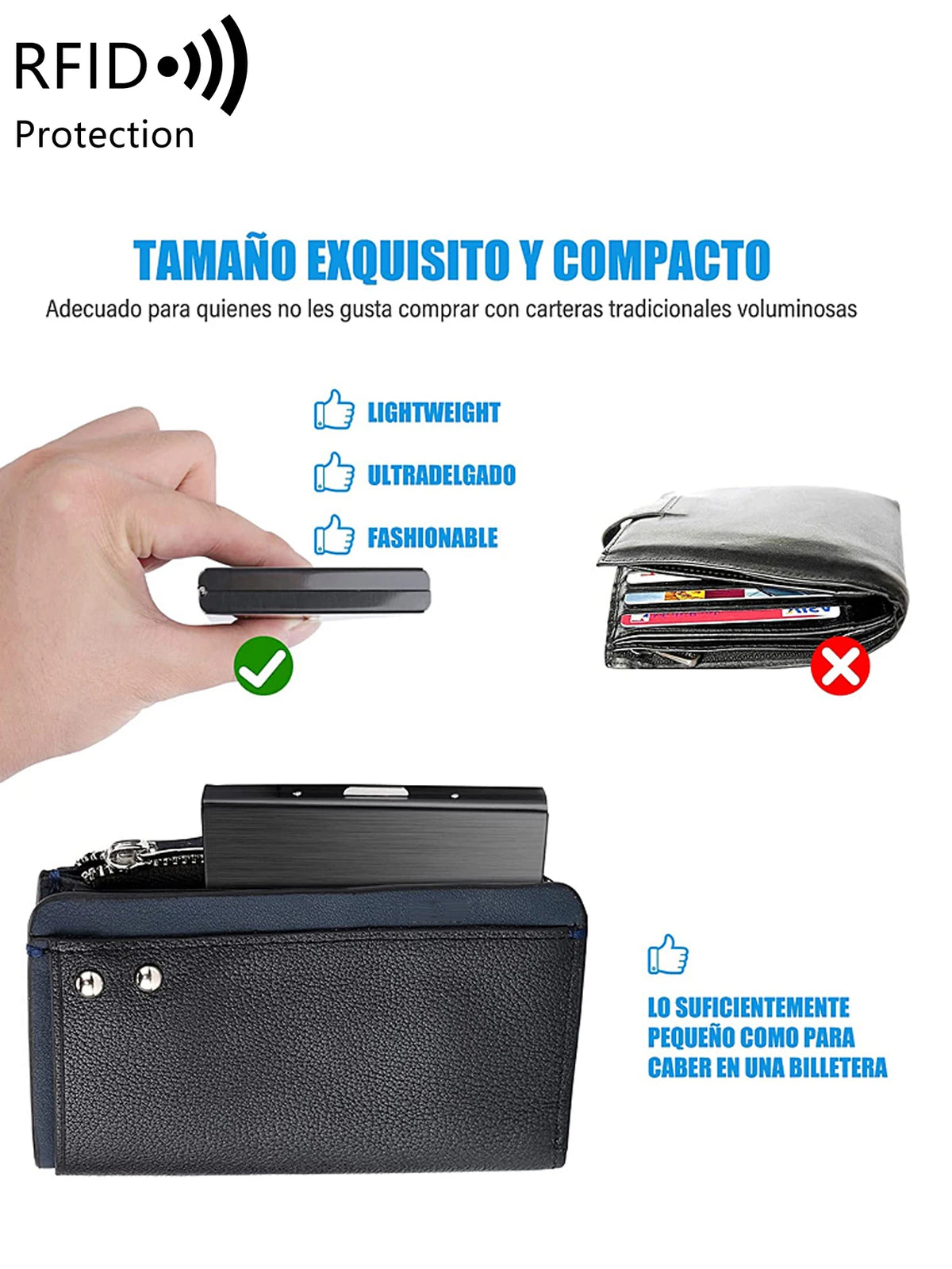 حامل بطاقة هوية معدني أسود محمي بتقنية RFID بجوار يد ومحفظة مفتوحة