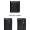 Black and blue carbon fiber pattern RFID-blocking bi-fold wallet shown in various color options.