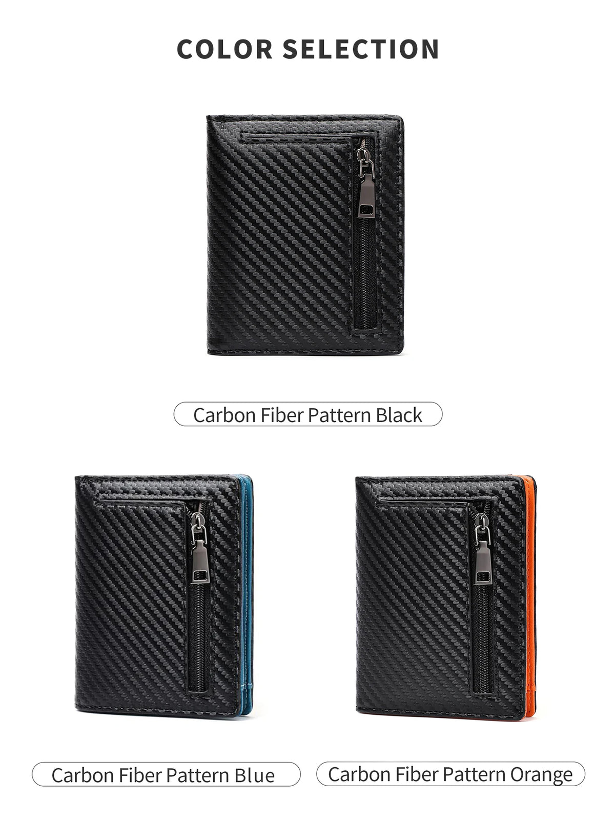 Black and blue carbon fiber pattern RFID-blocking bi-fold wallet shown in various color options.