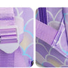 A purple multi-compartment casual backpack with a patterned fabric and a purple strap visible.