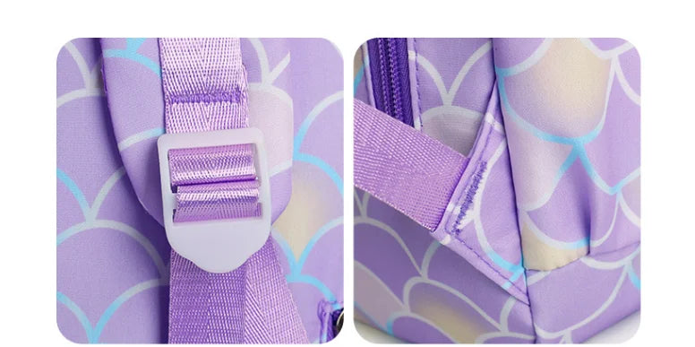 A purple multi-compartment casual backpack with a patterned fabric and a purple strap visible.