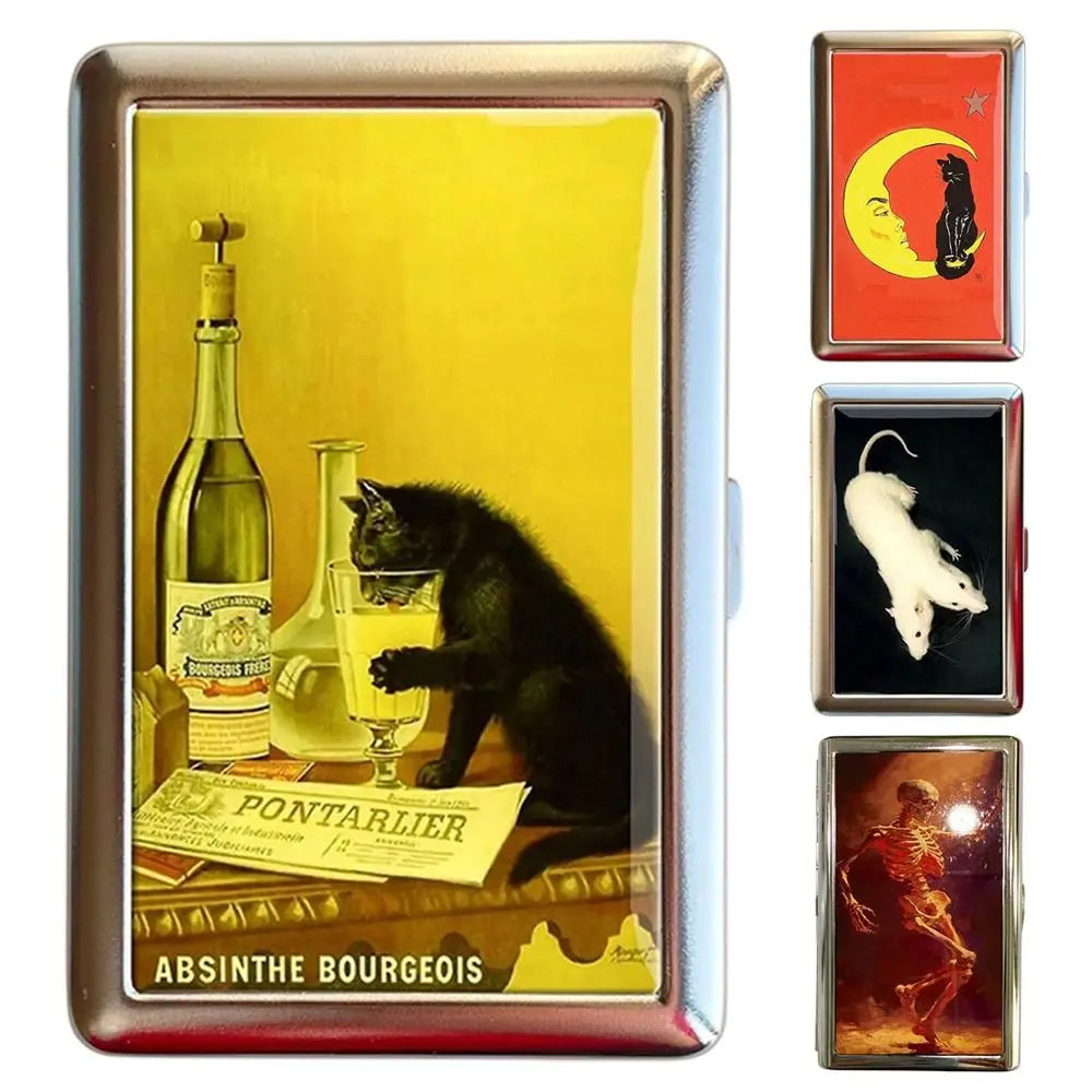 Vintage metal card holder featuring a portrait of a black cat and a bottle of absinthe.