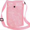 A pink mesh crossbody sling bag designed to carry a water bottle.