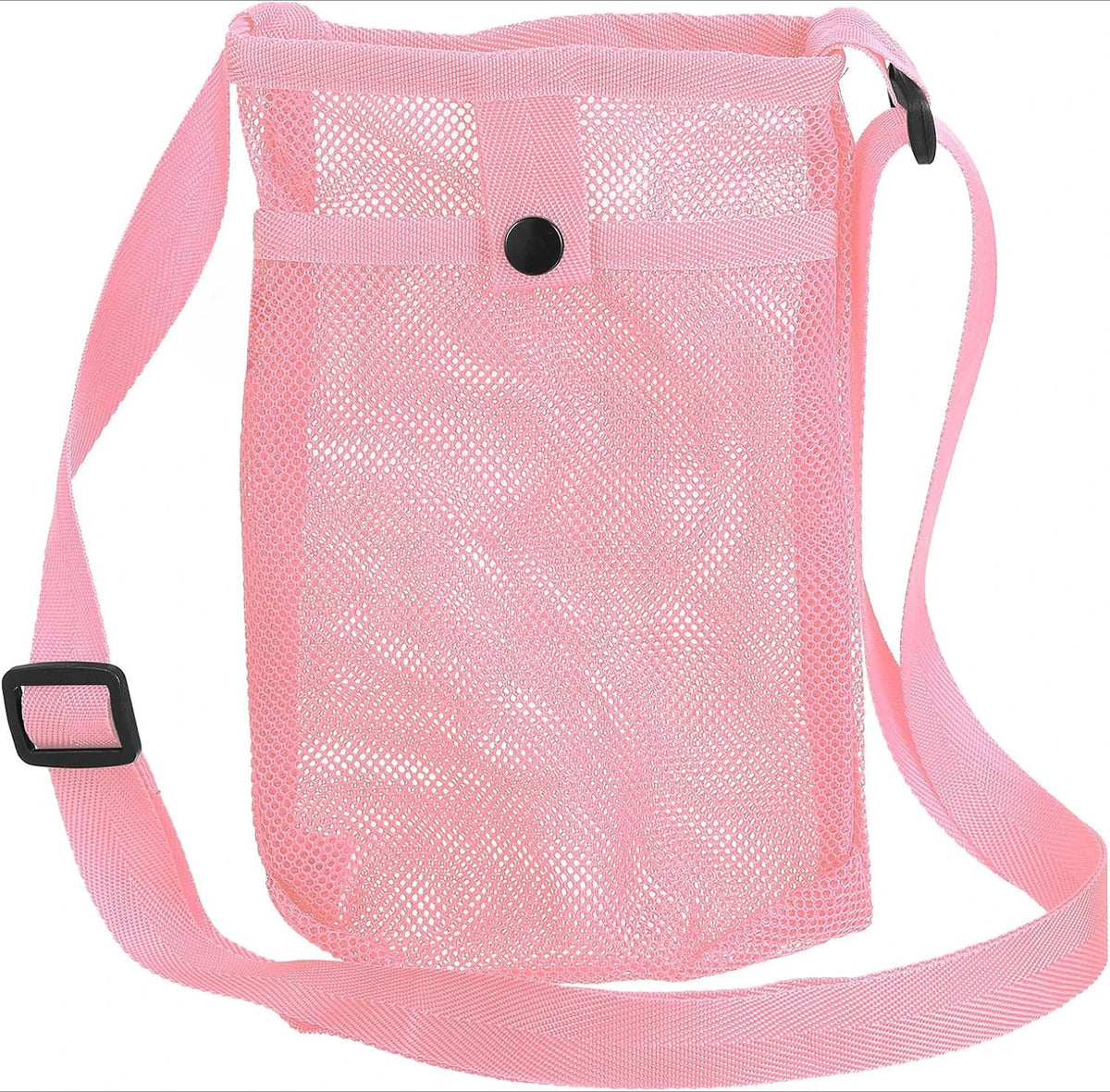 A pink mesh crossbody sling bag designed to carry a water bottle.